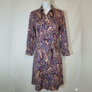 Talbots Blue and Red Paisley Midi Shirt Dress Women's Size 12 #14 NWT
